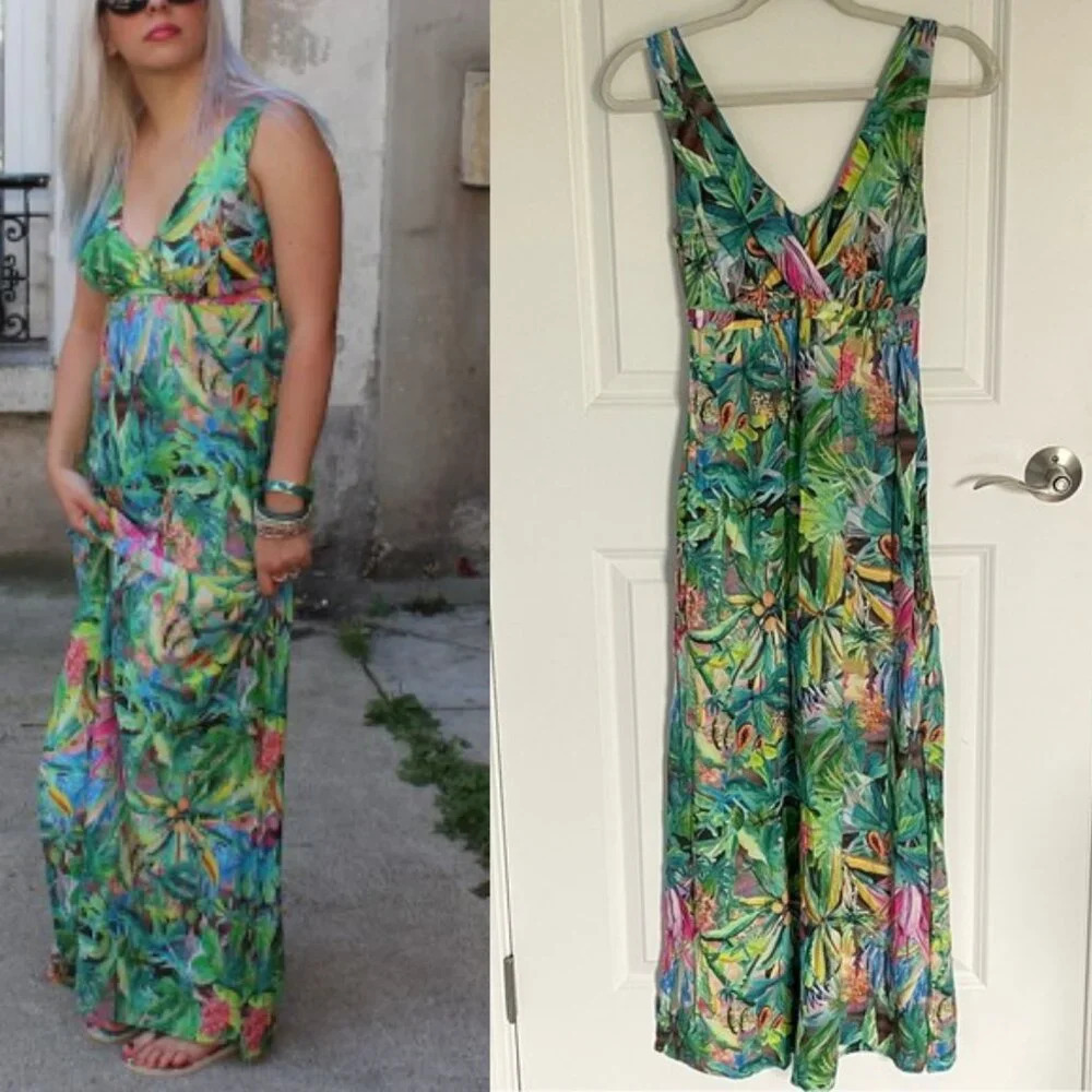 OYSHO Green Faux Wrap Tropical Hawaiian Print Maxi Dress 51234